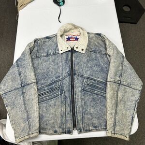 America Denim Bomber Jacket Mens M Blue Acid Wash Sherpa Lined Vintage 80s